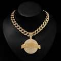 Iced-out gold Cuban link necklace featuring a round 'RICH GANG' pendant with crystals - With 18inch Cuban Chain / Gold