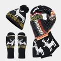 Detail of winter knit set featuring white reindeer jacquard pattern on black scarf and gloves - Mittens Style / Black