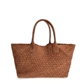 Brown woven suede leather tote bag for women with large capacity and double handles - Large Handheld Tote Bag / Large Coffee No Strap
