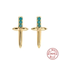 Detailed macro view of 925 sterling silver dagger earrings with turquoise inlay - Gold Sword Turquoise Zirconia / 925 Silver