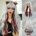 Parrucca lunga mossa grigio argento con riflessi rossi e verdi e frangia donna - Stile Pallina Di Natale (Argento Rosso Verde)