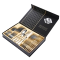Close-up of a 24-piece silver stainless steel cutlery set in a black premium gift box - 1010 Style (24Pcs Set/Flip Case) / Silver