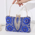 Luxury royal blue evening clutch with floral crystals and golden circular handle - Rectangle Pillow Box - Blue