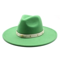 Detailed close-up of bright green wool fedora with gold-studded belt and wide brim - M(56-58cm) / Grass Green