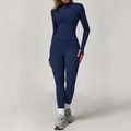Set yoga blu navy spazzolato con top slim con zip e leggings a vita alta da donna - Taglia S / Top E Pantaloni / Blu Navy