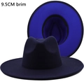 Tweekleurige wollen fedora hoed in marineblauw en paars met een brede rand van 9,5 cm - M (56-58cm) / Marineblauw Binnenkant Koningsblauw