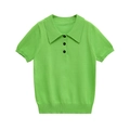 Bright green short-sleeve knit Polo shirt with three black buttons and ribbed hem finish - Verdant