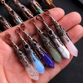 Set of 6 hexagonal crystal pendants with vintage copper caps in assorted gemstones - Hollow Chain Style / Opalite