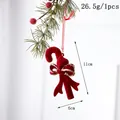 Christmas candy cane pendant in red velvet finish with gold glitter bow, 11cm height - Wine Red Flocking Cane