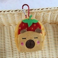 Capybara plush coin purse wearing strawberry hat with red metal carabiner clip - 10cm / Red Strawberry Style