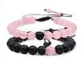 Pink and black stone bead couple bracelets set with magnetic heart-shaped pendants - Black & Rose Quartz Hand-woven Bracelet Set