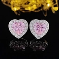 Elegant pink heart-shaped stud earrings with sparkling zircon halo and mirror reflection - Heart Pink Style (E6044)
