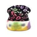Close-up of leopard pattern knit beanie featuring colorful tie-dye gradient folded cuff - Black Base Colorful Leopard Gradient Tie-Dye Cuff (4#)
