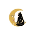 Schattige zwarte kat emaille speld met een halve maan en gouden sterren op wit - Gepersonifieerde Maan en Kat Stijl (xz3411)