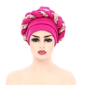 Close-up of rose red turban hat featuring gold sequin braided band details for women - Rose Red
