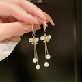 Elegant gold-plated butterfly tassel earrings with sparkling crystals and white beads - Gold Rhinestone Bowknot Tassel Earrings (Copper Buckle) E1131