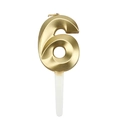 Golden 3D number 6 birthday candle with metallic finish and long white base stake - Number 6 / Gold