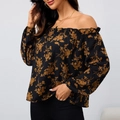 Damen schulterfreie Blumenbluse mit langen Ärmeln und schwarz-gelbem Blumendruck - S / Schwarz mit orangem Blumendruck