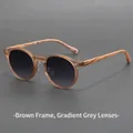 Retro round matte tea frame sunglasses with grey gradient lenses and wood grain temples - Matte Tea Frame Double Grey Lens