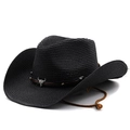 Black woven straw cowboy hat with wide brim, silver bull skull emblem and chin strap - M(56-58cm) / Black