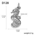 Polished silver stainless steel seahorse pendant showing product size and dimensions - D128-Steel Seahorse