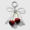 Bow keychain featuring faux pearls and dark red cherry charms with silver ring - White Imitation Pearl Bow Keychain