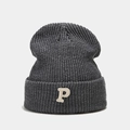 Detail of charcoal grey ribbed beanie featuring a 3D white embroidered P letter patch - Dark Gray