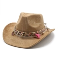 Bohemian khaki suede cowboy hat with ethnic woven band and pink tassel accents - M (56-59cm) / Camel (Suede)