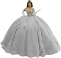 Elegant off-shoulder light blue ball gown with sequined floral lace and corset bodice - Grey with Train