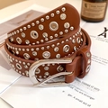 Brown leather waist belt with silver round studs, rhinestones, and metal buckle - 34# Waist Chain - Light Coffee