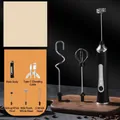 Black cordless electric milk frother set with three whisk heads and USB-C charging cable - New Three Head Set / New Electroplated Black