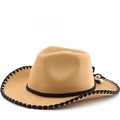 Western-Cowboyhut aus khakifarbenem Filz mit schwarzem Rand und Perlen-Schleife - M (56-58cm) / Kamel mit Naht