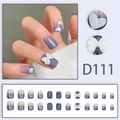 Blue-purple gradient press-on nails featuring white clouds, 3D bows, and pearls - D111 (Glue Type)