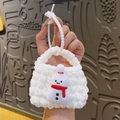 White knitted snowman mini pouch bag hanging keychain for earphones and small items - Snowman