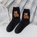 Cute black cotton mid-calf socks featuring a 3D plush brown teddy bear with a bowtie - Black Big Bear