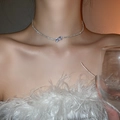 Detailed close-up of a silver zircon choker necklace with a crystal bow pendant - 18# Necklace-Silver (Full Diamond Knot Choker)