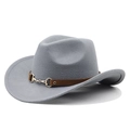 Cappello da cowboy classico in lana grigia con cinturino in pelle e fibbia dorata - M (56-58cm) Regolabile / Grigio chiaro