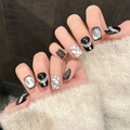 Uñas postizas artesanales ojo de gato negro con rombos plateados y detalles perlas - Extra Pequeño (XS) / 2777-Cónico Corto