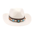 Sombrero de vaquero de paja tejida blanca con banda decorativa de piedra turquesa playa. - Blanco