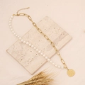 Unique pearl and golden paperclip chain necklace with Arabic calligraphy pendant charm - Arabic Calligraphy Round Coin Pearl Stitching Style (2#)