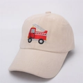 Detail of red fire truck embroidery on beige cotton twill baseball cap for kids - Kids Size / Fire Truck Embroidery / Beige