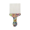 Wide tooth hair pick comb with metal tines and floral pattern fist shaped handle - K4 / Patterned