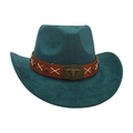 Dunkelgrüner Western-Cowboyhut aus Wildlederimitat mit Lederband und Metall-Stier-Schnalle - Einheitsgröße / Dunkelgrün