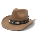 Brown woven straw western cowboy hat with turquoise and leather decorative band - M (56-58cm) / Khaki