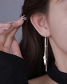 Elegant silver long tassel star earrings with leaf pendants and sleek drop chain hook - Smooth Leaf Ear Threader