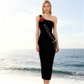 Robe longue noire asymétrique avec fleur rouge et laçage latéral style chic sexy - S / Noir