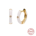S925 sterling silver hoop earrings with white enamel and sparkling center zircon stones - White