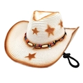 Western straw cowboy hat with star print, colorful beads and adjustable wind rope - M (56-58cm) / Pure White