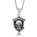 Silver shield pendant with anchor skull design and inset diamonds on a steel chain - Rhinestone Skull Shield Style (KP56201-BD)