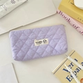 Quilted lavender macaron pencil case with grid pattern and cute dog brand label - Light Purple